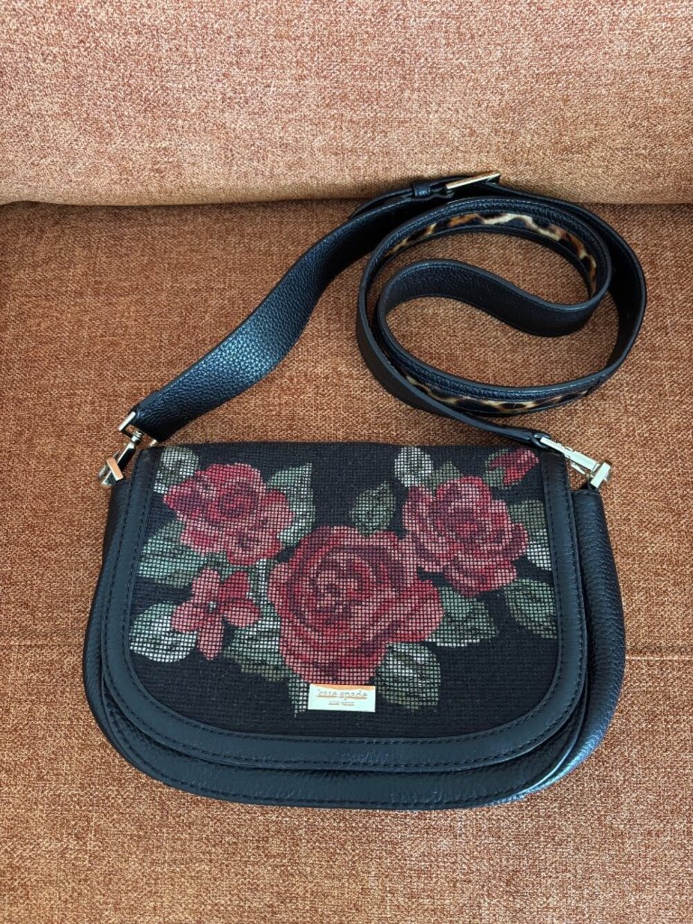 Kate Spade NY Seeley Lane Rae Crossbody Bag Rose Needlepoint & Leopard Strap - Picture 9 of 12